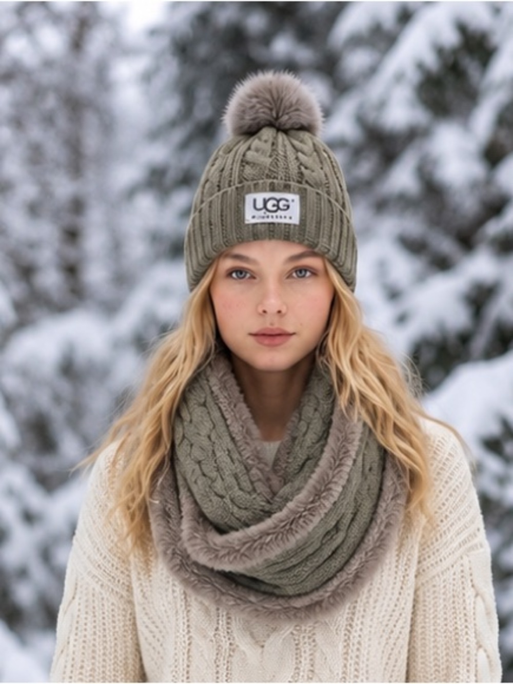 UGG Australia NWT Gray Cable Knit Pom Pom Beanie Faux Fur Infinity Scarf Set
